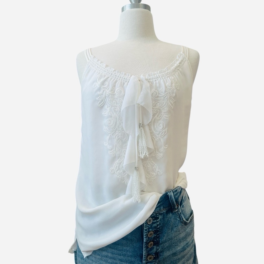 White House Black Market Ivory Blouse with Ruffles